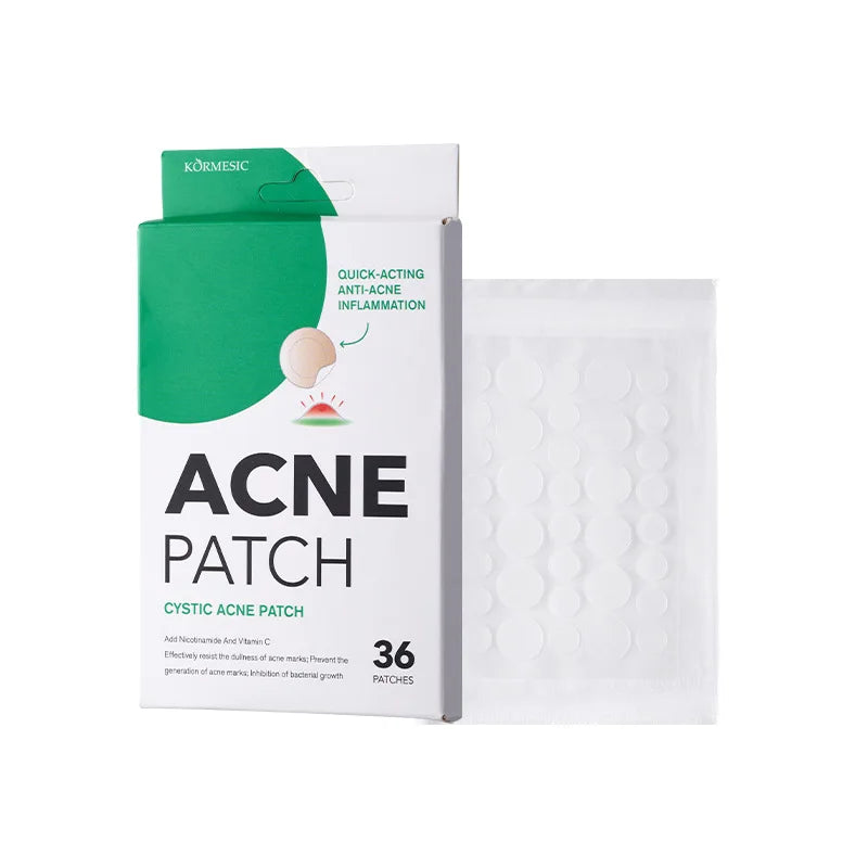 Acne patch packaging with 36 patches on a white background