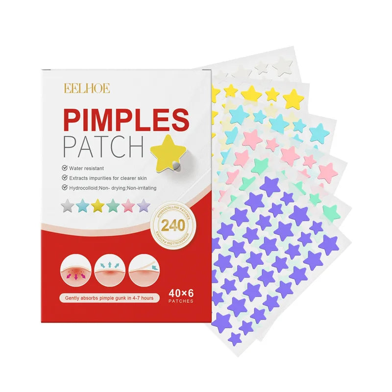 Pimple patch packaging with colorful star-shaped patches on a white background